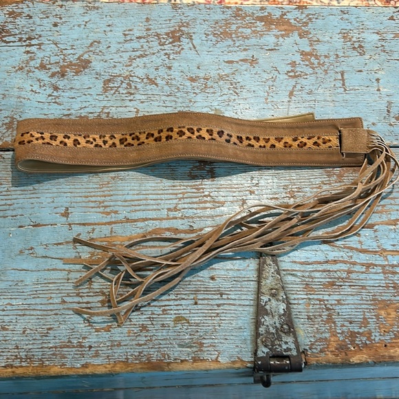 Vintage Suede and Calf Hair Fringed Tan and Leopard Belt ML - Picture 1 of 7